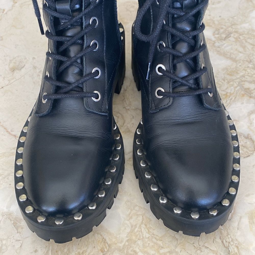 Zara Black Leather Military Lace Up Chunky Ankle Boots With Studs - Picture 9 of 14